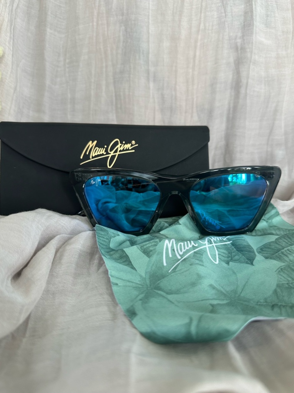 Maui Jim Kini Kini Cat-Eye Sunglasses — Black Frames with Blue Mirrored Lenses